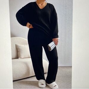 Ribbed Knit V Neck Wide Leg Lounge Pajama Set with Pockets Plus Size 3X